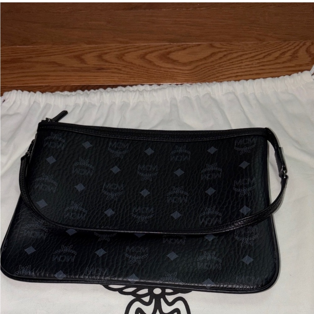 MCM Black Leather Pouch with Logo Design